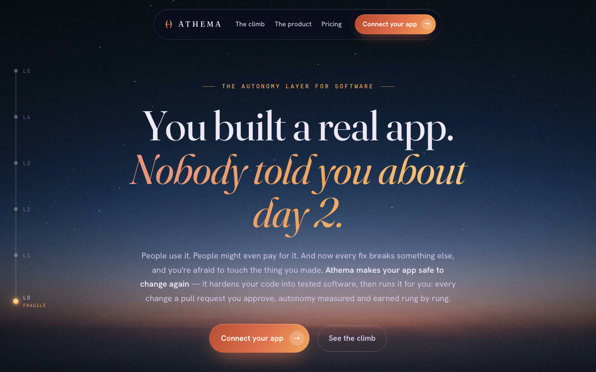 Ascent hero — dawn sky with ladder rail and serif headline