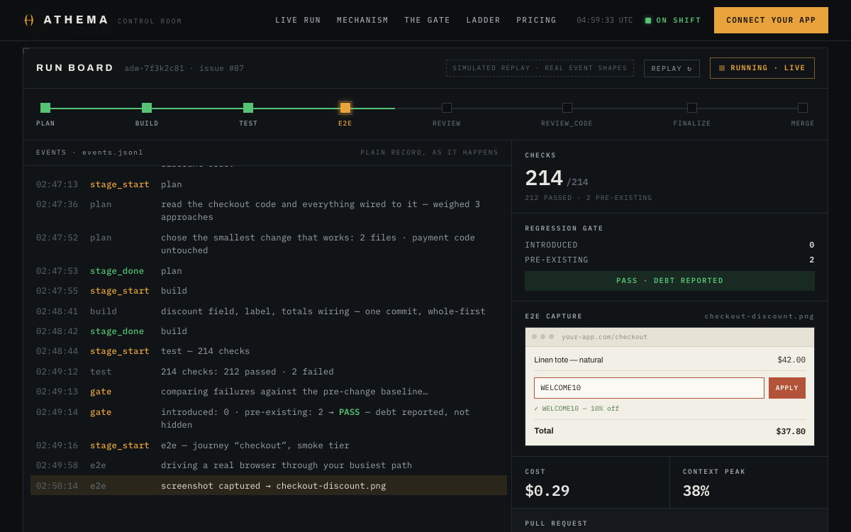 Control Room hero — amber-on-graphite run board console