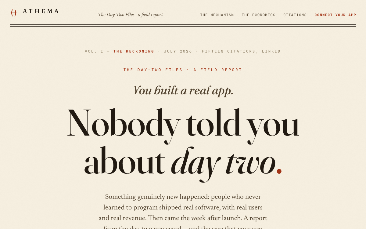 Day-Two hero — serif editorial front page on warm paper