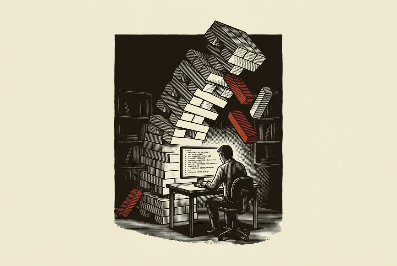 Engraving-style illustration: a founder at a desk at 2 a.m., lit by a monitor, beneath an enormous tower of blocks leaning mid-topple.