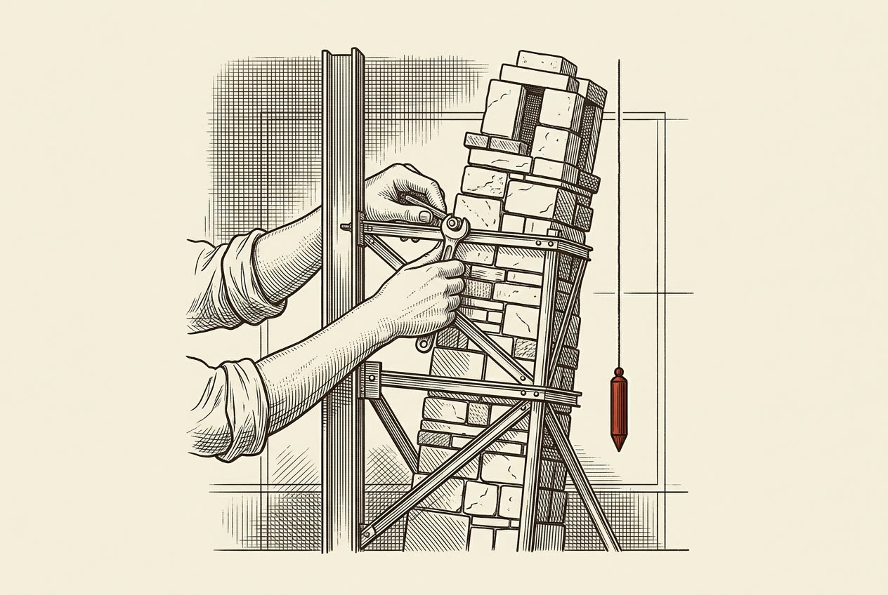 Engraving-style illustration: careful hands bolting steel braces around a leaning tower of blocks, a plumb line hanging true beside it.