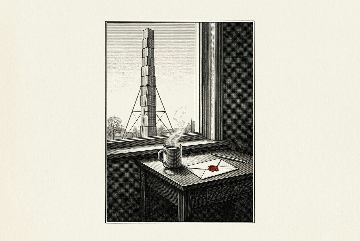 Engraving-style illustration: a calm morning desk with coffee and a letter bearing a red wax seal; behind it, the tower of blocks stands straight and braced.