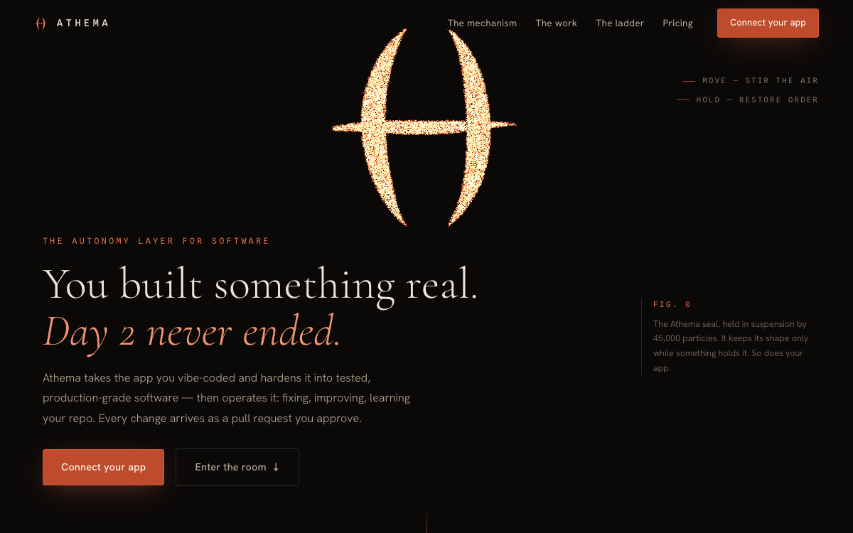 Eidolon hero — the Athema seal formed of particles on black