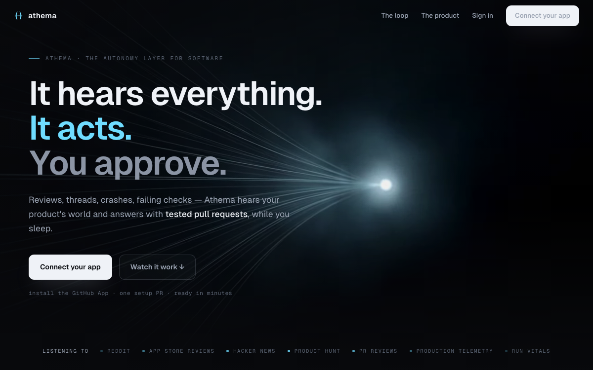 Flow hero — deep-ink cinematic light streams converging, signals in, pull requests out