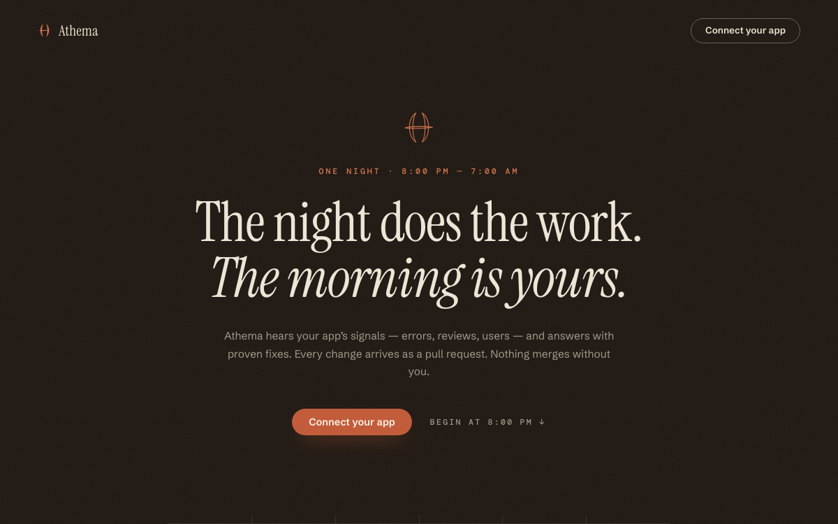 Overnight hero — warm umber night with serif headline over a time rail